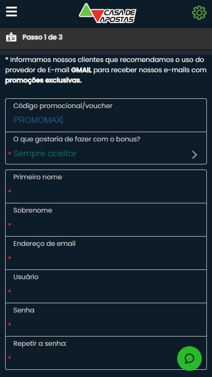 Cadastro Casa de Apostas passo 1