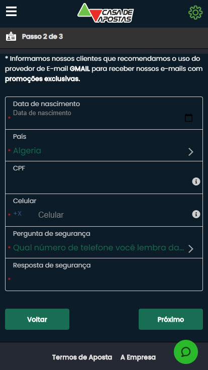 Cadastro Casa de Apostas passo 2