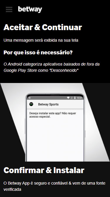 Betway App pede que clique em Aceitar e Continuar pois o Android categoriza aplicativos baixados de fora da Google Play Store como "Desconhecido"