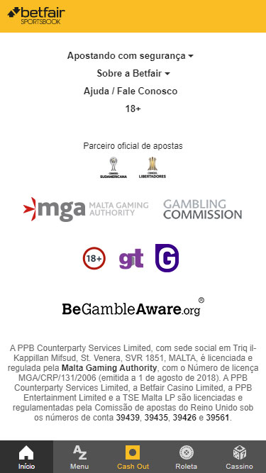 Betfair é seguro: licenciado e regulado por Malta Gaming Authority. Maiores de 18 anos.