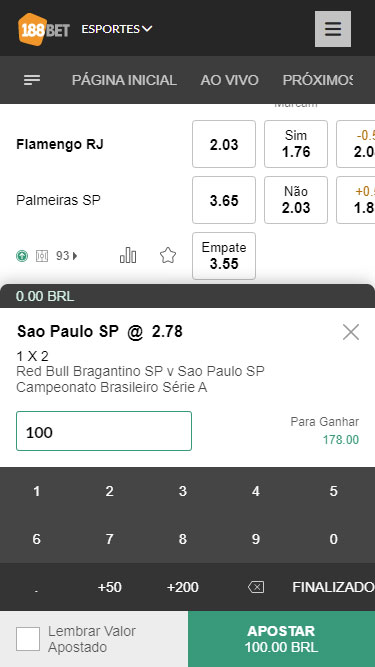 188BET aposta simples: imagem apresenta exmplos de partidas Flamengo vs Palmeiras e Bragantino vs São Paulo
