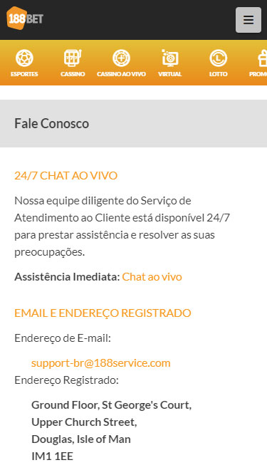 Contato 188BET pode ser via 24/7 chat ao vivo, e-mail ou endereço registrado.