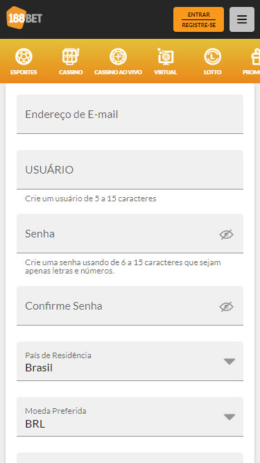 Cadastro 188BET passo 2: onde deve inserir e-mail, usuário, senha, país e moeda.