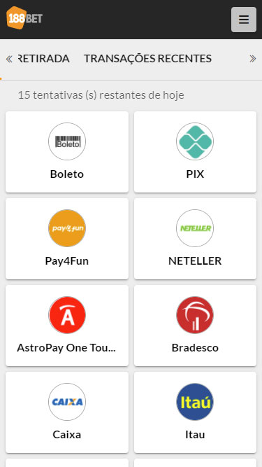 188BET Depósito: Boleto, PIX, Pay4Fun, NETELLER, AstroPay, Bradesco, Caixa, Itaú, etc.