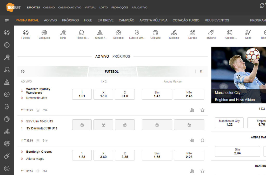Site 188BET tem plataforma de esportes do lado esquerdo, abas de Esportes, Cassino, Cassino a Vivo, Virtual, Lotto, Promoções e Aplicativo no topo, e apostas ao vivo ao centro.