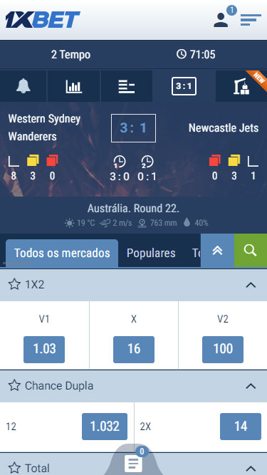 1XBET apostas ao vivo: imagem mostra partida Western Sydney Wanderers vs Newcastle Jets, com resultado 3 a 1 aos 71:05 minutos.