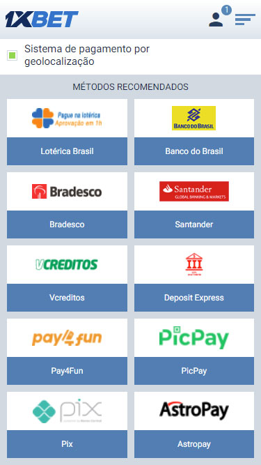 1XBET Depósito: sistema de pagamento por geolocalização. Métodos recomendados vão de Lotérica Brasil a Astropay