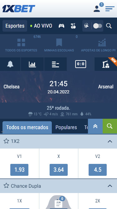 1XBET Mercados de apostas: imagem mostra exemplo de apostas em 1x2 e chance dupla para partida Chelsea vs Arsenal.