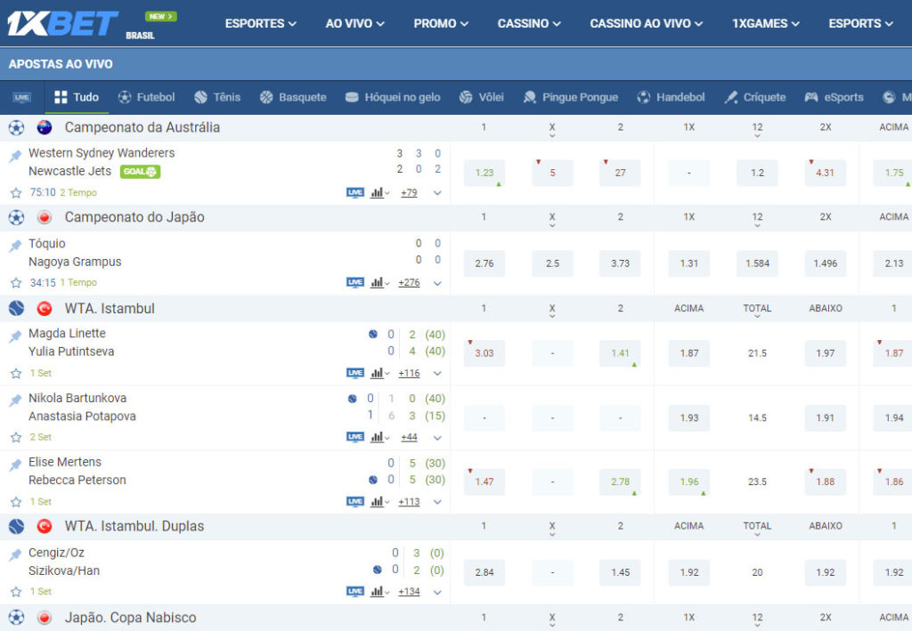 1XBET Brasil site tem abas para Esportes, Ao vivo, Promo, Cassino, Cassino ao vivo, 1Xgames e Esports.