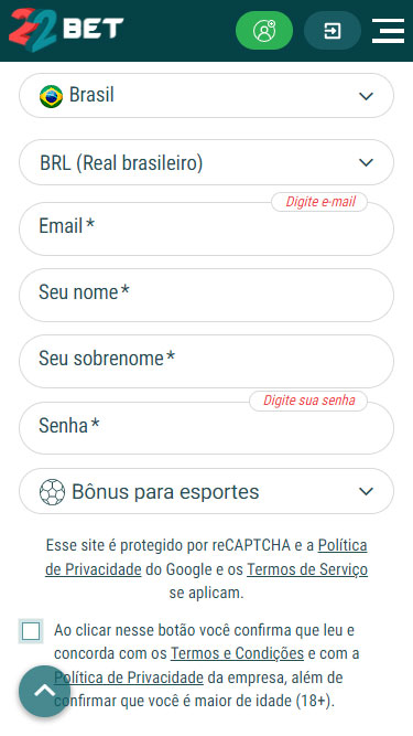 Cadastro 22bet passo 2: escolher moeda, inserir e-mail, nome e senha, e selecionar bônus
