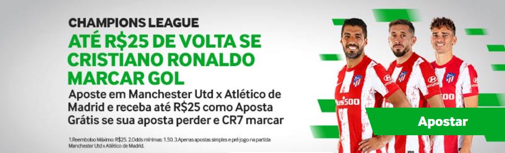 Betway - reembolso de até R$25 se Cristiano Ronaldo marcar contra o Atlético de Madrid