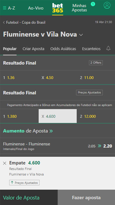 bet365 aposta simples: exemplo de partida Fluminense vs Vila Nova, com cotação de 1.36 para Fluminense, de 4.50 para empate e de 11 pata Vila Nova