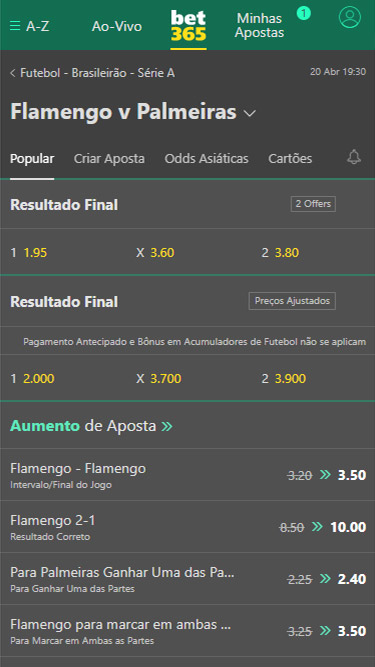 bet365 mercados de apostas: exemplo de partida Flamengo vs Palmeiras, com cotações para Resultado final e Aumento de Aposta