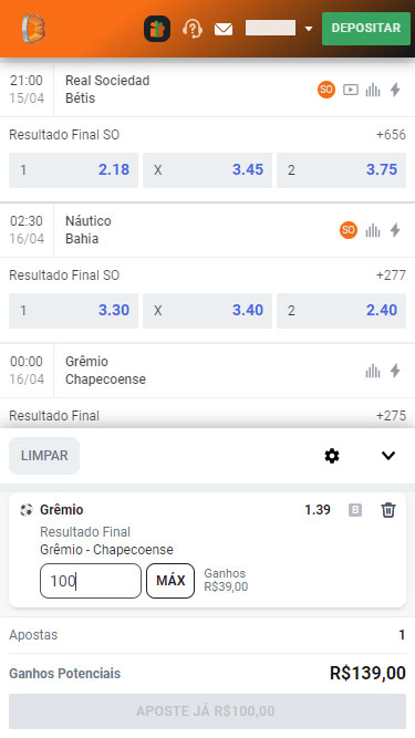 Betano aposta simples: exemplo de aposta 1x2 na partida Grêmio vs Chapecoense - apostando 100 reais teria potenciais ganhos de 39 reais.