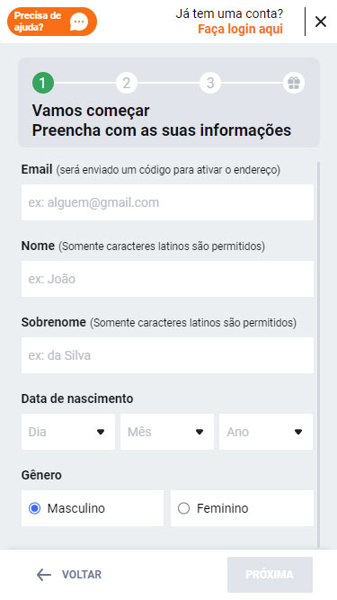 Betano Cadastro passo 2: onde deve inserir e-mail, nome, sobrenome, data de nascimento e gênero.