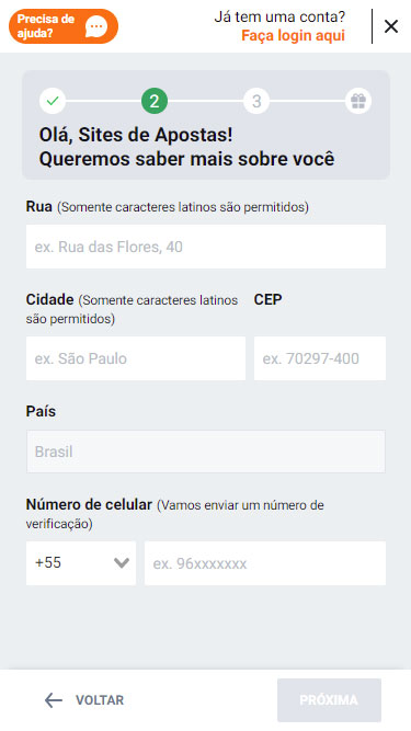 Betano Cadastro passo 3: onde deve inserir elementos de morada (rua, cidade, CEP, país) e celular.