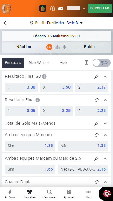 Betano Mercados de apostas: exemplo de partida Náutico vs Bahia pelo Brasileirão série B: tem resultado final, total de gols mais/menos, ambas equipes marcam, chance dupla, etc.