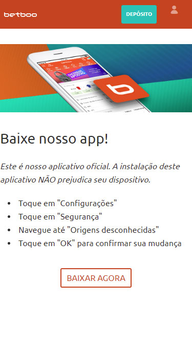 Betboo app, aplicativo oficial. Para instalar, tocar em Configurações e depois em Segurança, navegar até Origens desconhecidas e tocar em OK.