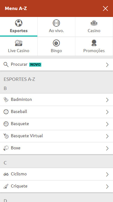 Menu de apostas em esportes da Betboo tem Badminton, Baseball, Basquete, Boxe, Ciclismo, Críquete, etc.