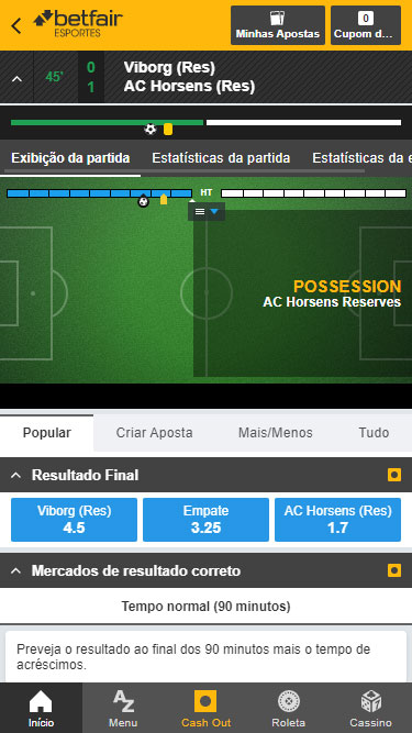 Betfair apostas ao vivo: imagem mostra um gramado e que partida Viborg vs AC Horsens está 0 a 1 aos 45 minutos. 