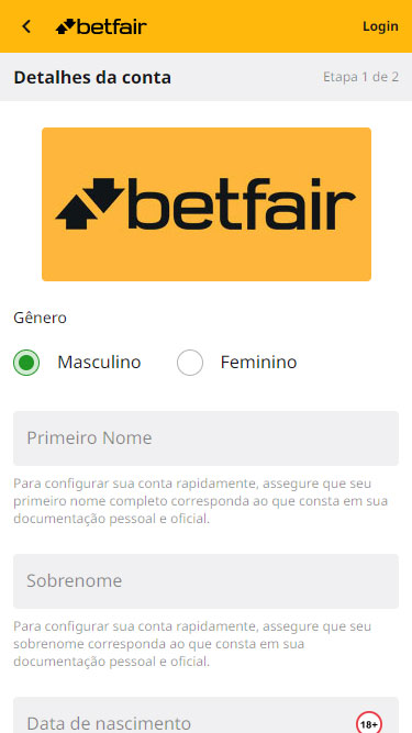 Cadastro Betfair passo 2: deve inserir gênero, primeiro nome, sobrenome e data de nascimento.