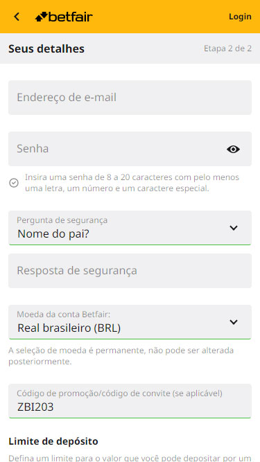 Betfair Cadastro passo 3: onde insere seus detalhes como e-mail e senha, onde define pergunta de segurança, escolhe moeda e adiciona código de promoção