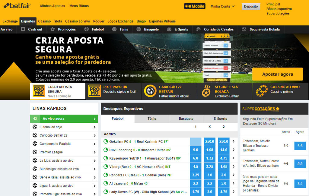 Betfair Site: na barra superior amarela pode encontrar as abas de Exchange, Esportes, Cassino, Slots, Cassino ao vivo, Pôquer, Jogos Exchange, Bingo e Esportes virtuais. 