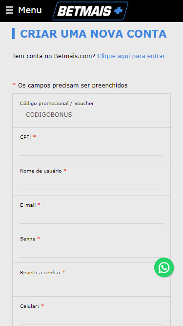 Cadastro BetMais passo 1