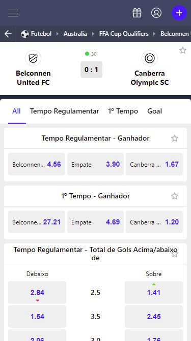 Betmaster apostas ao vivo: imagem mostra partida Belconnen United FC vs Canberra Olympic SC, com placar 0 a 1 aos 30 minutos.