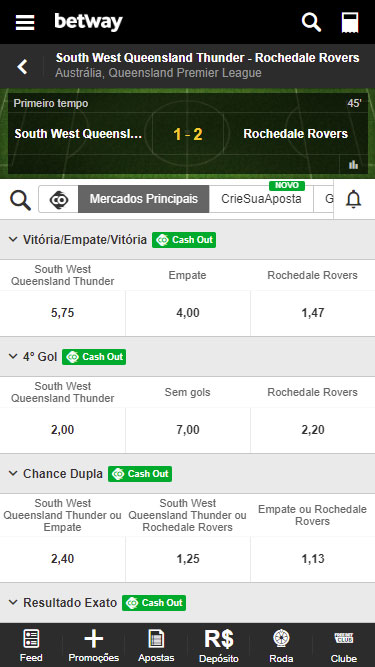 Betway apostas ao vivo: pode escolher entre vitória/empate/vitória, 4º gol, chance dupla, resultado exato, etc.