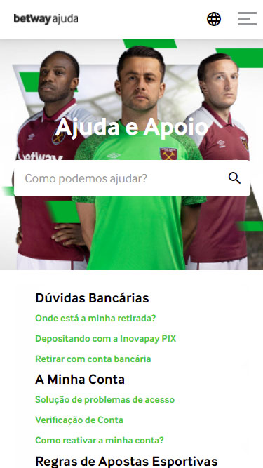 Página Betway Ajuda e Apoio tem respostas a questões sobre Dúvidas bancárias, A minha conta, Regras de apostas esportivas, etc.