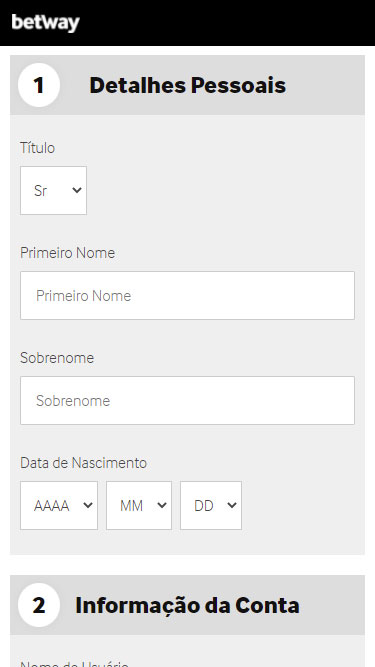 Cadastro Betway passo 2: inserir detalhes pessoais como título, nome e data de nascimento