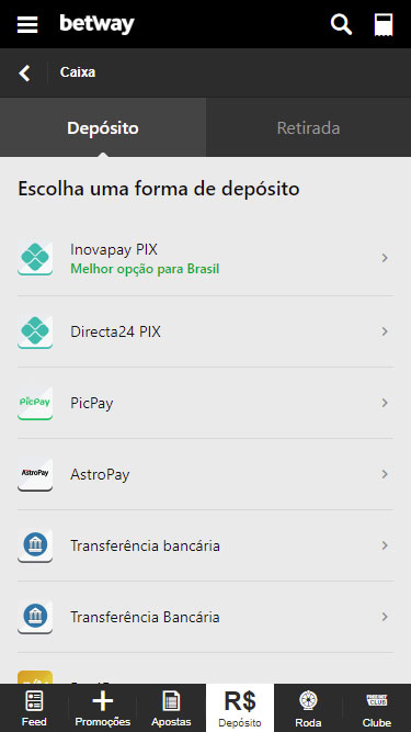 Escolha uma forma de Betway Depósito: Inovapay PIX, Directa24 PIX, PicPay, AstroPay, Transferência bancária, etc.