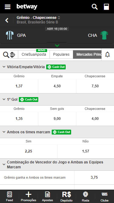 Betway Mercados de apostas: vitória/empate/vitória, 1º gol, ambos os times marcam, combinação de vencedor do jogo e ambas as equipes marcam, etc.