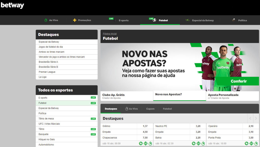Site Betway: encontra do lado esquerdo os Destques e Todos os Esportes; no top tem as abas Ao vivo, Promoções, E-sports, Especial da Betway e Política.