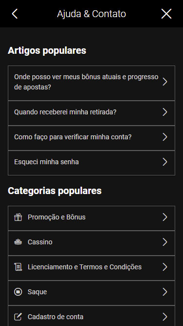 Página de Ajuda e Contato da Bwin com artigos e categorias populares.