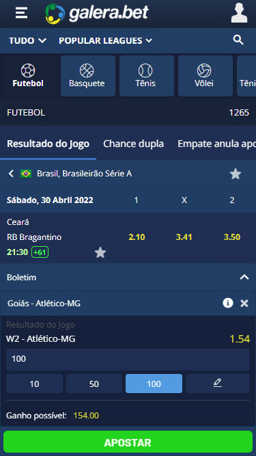 Galera.bet aposta simples: exemplo apresenta apostas em resultado do jogo Goiás vs Atlético e em 1x2 Ceará vs Bragantino.