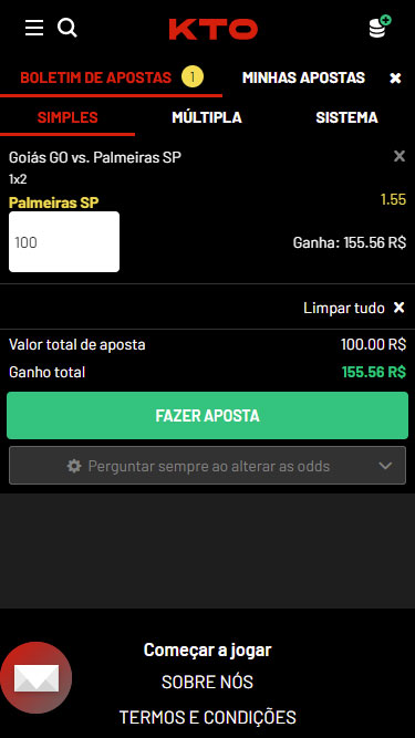 KTO aposta simples: exemplo de boletim de apostas 1x2 Goiás vs Palmeiras com cotação 1.55