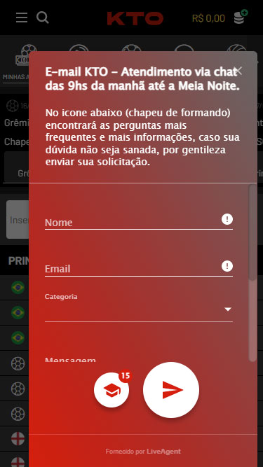 Imagem da página de Contato da KTO. Contato por e-mail ou via chat das 9 às 24 horas.