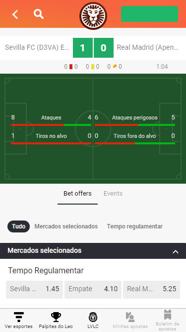 LeoVegas apostas ao vivo: imagem apresenta partida Sevilla FC vs Real Madrid, com resultado 1 a 0.
