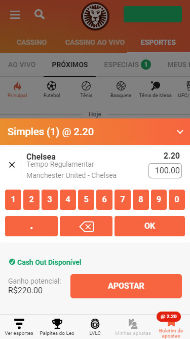 LeoVegas aposta simples: imagem mostra exemplo de aposta na partida Manchester United vs Chelsea, com odd de 2.20 para vitória do Chelsea.