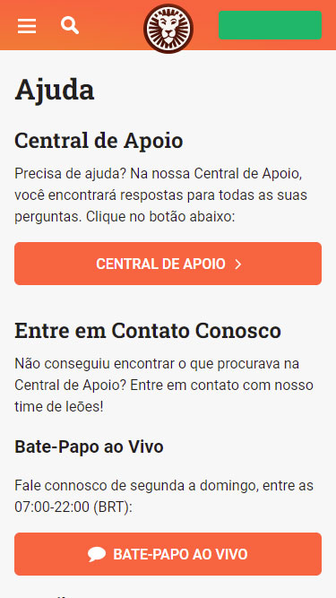 LeoVegas atendimento: pode clicar no botão Central de Apoio ou no de Bate-papo ao vivo.