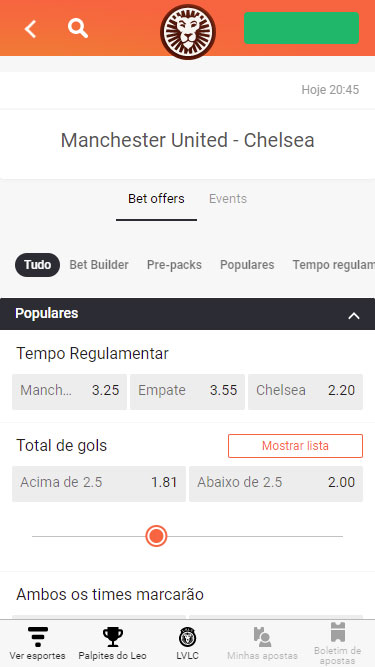 LeoVegas Mercados de apostas: exemplo apresenta apostas em tempo regulamentar ou em total de gols para partida Manchester United - Chelsea.