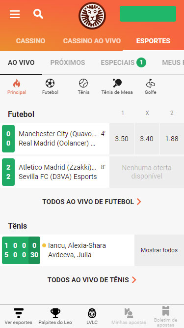LeoVegas Plataforma de apostas: imagem apresenta abas para futebol, tênis, tênis de mesa e golfe.