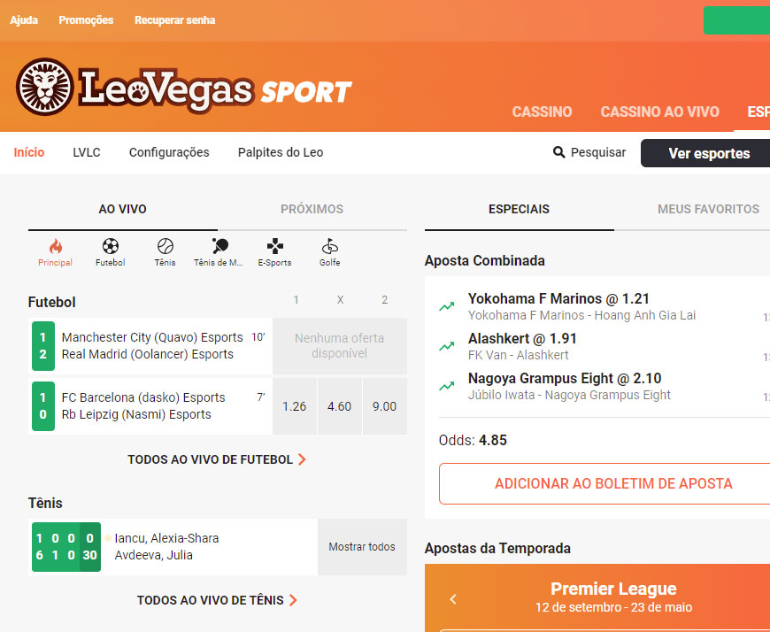 LeoVegas website: imagem mostra LeoVegas Sport, com abas de partidas ao vivo, próximos jogos, especiais e meus favoritos.