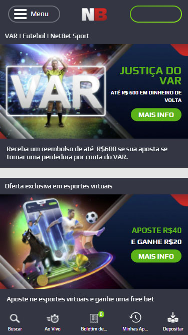NetBet promoções: Justiça do VAR até R$600 para Futebol e Aposte R$40 e Ganhe R$20 para eSports.
