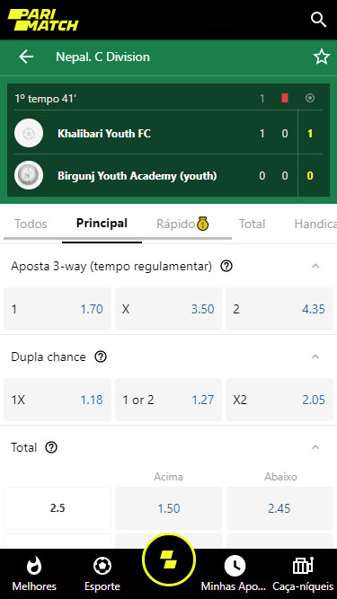 Parimatch apostas ao vivo: imagem mostra exemplo de partida de futebol da Série C do Nepal, com resultado de 1 a 0 aos 41 minutos do 1º tempo