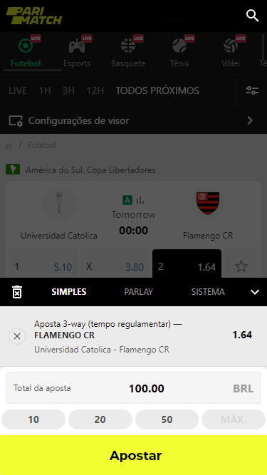 Parimatch aposta simples: imagem mostra exemplo de aposta 3-way (tempo regulamentar) Universidad Catolica vs Flamengo.