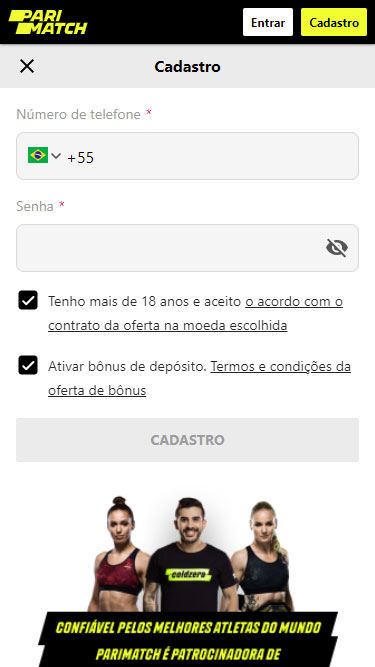 Parimatch Cadastro passo 2: é onde deve inserir número de telefone e senha, marcar que tem mais de 18 anos e que quer ativar bônus, e carregar no botão cadastro.