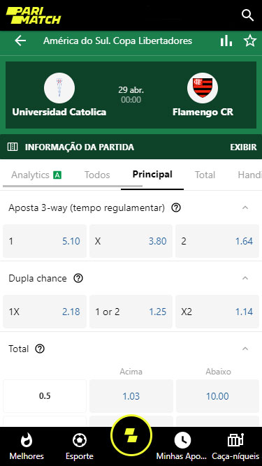 Parimatch Mercados de apostas: por exemplo aposta 3-way (tempo regulamentar), dupla chance ou total para partida Universidad Catolica vs Flamengo